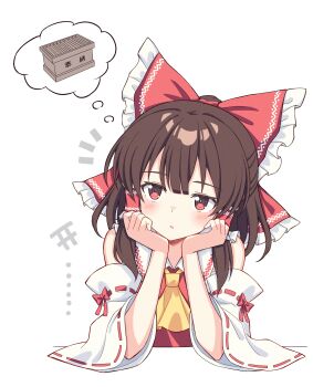 1girl absurdres ascot bow box brown_hair chinese_commentary commentary_request detached_sleeves donation_box frilled_bow frilled_hair_tubes frills hair_bow hair_tubes hakurei_reimu highres long_hair red_bow red_eyes ribbon-trimmed_sleeves ribbon_trim setteiset solo speech_bubble thought_bubble touhou yellow_ascot