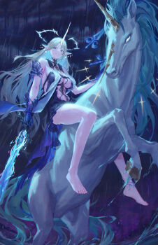 1girl bare_legs bare_shoulders barefoot black_collar black_dress blonde_hair blue_eyes blue_hair breasts center_opening closed_mouth collar colored_inner_hair commentary crown_of_thorns dress earrings english_commentary fleurdelys_(wuthering_waves) floating_earrings highres holding holding_sword holding_weapon imperator_(wuthering_waves) jewelry large_breasts legs long_hair looking_at_viewer making-of_available multicolored_hair navel outdoors pointy_ears rain revision riding stomach sword tabard tacet_mark_(wuthering_waves) thighs toes unicorn very_long_hair weapon white_tabard wuthering_waves zheng_jian
