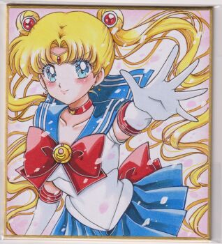1girl bishoujo_senshi_sailor_moon blonde_hair blue_eyes blue_sailor_collar bow chikoto_(kztc4472) choker circlet closed_mouth collarbone commentary crescent_choker double_bun earrings elbow_gloves gem gloves hair_bun hair_ornament hand_up highres jewelry long_hair looking_at_viewer red_choker red_gemstone sailor_collar sailor_moon sailor_senshi_uniform skirt smile solo transformation_brooch_(sailor_moon) tsukino_usagi twintails white_gloves