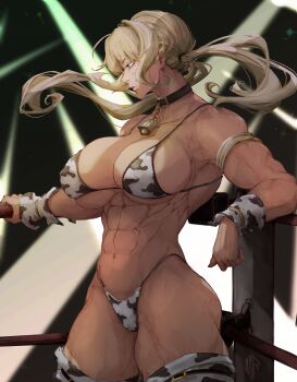 1girl abs absurdres animal_print armlet bell bikini blonde_hair blue_eyes breasts collar commission cow_girl cow_print cowbell highres ikerellatab jewelry large_breasts long_hair looking_to_the_side muscular muscular_female original ponytail sketch solo swimsuit thick_thighs thighs thong very_long_hair wrestler wrestling wrestling_ring