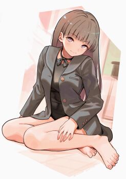 1girl amagami ayatsuji_tsukasa bare_legs barefoot black_choker black_jacket black_shirt blunt_bangs blush breasts brown_hair choker classroom closed_mouth commentary_request feet indoors jacket long_sleeves looking_at_viewer on_floor open_clothes open_jacket purple_eyes shirt sitting solo tomamatto