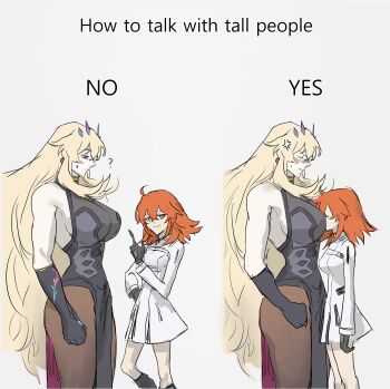 2girls absurdres ahoge armpit_crease barghest_(fate) barghest_(second_ascension)_(fate) black_dress black_gloves blonde_hair blush dress english_text face_to_breasts fate/grand_order fate_(series) fujimaru_ritsuka_(female) fujimaru_ritsuka_(female)_(decisive_battle_chaldea_uniform) gloves highres how_to_talk_to_short_people_(meme) long_sleeves medium_hair meme multiple_girls orange_hair short_hair simple_background tall_female ythdltmnmhlc10 yuri