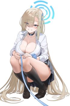 1girl absurdres asuna_(blue_archive) asuna_(school_uniform)_(blue_archive) black_choker black_shoes black_skirt black_socks blue_archive blue_eyes blue_halo blue_nails blue_ribbon blue_scrunchie blush breasts brown_hair choker cleavage collarbone collared_shirt commentary convenient_leg eyes_visible_through_hair fingernails full_body grin hair_over_one_eye hair_ribbon halo hands_on_own_knees highres holding holding_leash kneehighs large_breasts leash loafers long_hair long_sleeves looking_at_viewer lovehaejo miniskirt mole mole_on_breast nail_polish official_alternate_costume parted_lips partially_unbuttoned pleated_skirt pov ribbon school_uniform scrunchie shirt shoes simple_background skirt sleeves_rolled_up smile socks solo squatting tiptoes very_long_hair viewer_on_leash white_background white_shirt wrist_scrunchie