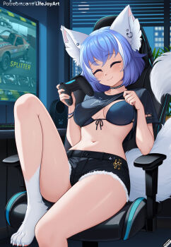 1girl ^_^ absurdres alternate_costume animal_ear_fluff animal_ear_piercing animal_ears artist_name bare_legs barefoot beamed_eighth_notes bikini bikini_top_only black_choker black_shorts blue_bikini blue_hair blue_nails blue_shirt blush bob_cut bracelet breasts casual chair choker city_lights closed_eyes closed_mouth clothes_pull collarbone commentary commission computer_keyboard controller crossed_bangs curled_fingers curtains denim denim_shorts dualshock ear_piercing eighth_note english_commentary facing_viewer feet fingernails foot_out_of_frame front-tie_bikini_top front-tie_top full_moon fur-trimmed_shorts fur_trim furry furry_female game_controller gamepad gaming_chair hair_between_eyes head_tilt heart heart_print highres holding holding_controller holding_game_controller indie_virtual_youtuber indoors jewelry knee_up large_breasts lifejoyart lips monitor moon multicolored_hair multiple_bracelets musical_note musical_note_ornament navel night on_chair patreon_username pawpads piercing plant playing_games playstation_controller potted_plant print_shirt shirt shirt_pull short_hair short_shorts short_sleeves shorts sitting smile solo speaker streaked_hair studded_choker swimsuit swivel_chair t-shirt tail thighs toe_claws toes treble_clef two-tone_hair virtual_youtuber white_fur white_streaks white_tail window wolf_ears wolf_girl wolf_tail wolfychu