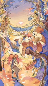 altaria autumn_leaves bird cloud commentary_request deerling falling_leaves furret gen_1_pokemon gen_2_pokemon gen_3_pokemon gen_4_pokemon gen_5_pokemon highres leaf murkrow nara_lalana nintendo no_humans on_branch outdoors pachirisu pokemon pokemon_(creature) sawsbuck second-party_source sky standing tree twilight vulpix