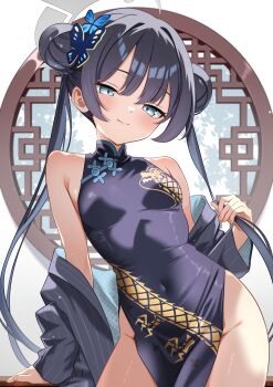 1girl absurdres black_dress black_hair blue_archive braid braided_bun butterfly_hair_ornament china_dress chinese_clothes covered_navel double_bun dragon_print dress grey_eyes grey_halo hair_bun hair_ornament halo highres jacket kisaki_(blue_archive) long_hair looking_at_viewer mn_(tk-xyz) pelvic_curtain pinstripe_jacket pinstripe_pattern print_dress sleeveless sleeveless_dress smile solo striped_clothes striped_jacket vertical-striped_clothes vertical-striped_jacket