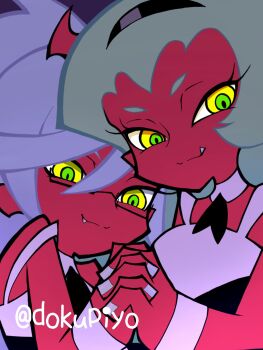 2girls blue_hair colored_skin commentary demon_horns dokupiyoart green_eyes green_hair highres horns kneesocks_(psg) long_hair maid multiple_girls panty_&amp;_stocking_with_garterbelt red_skin scanty_(psg) symbol-only_commentary very_long_hair