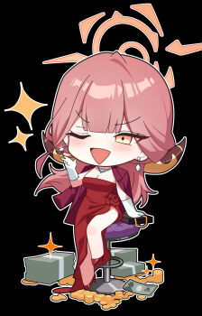 1girl ;d aru_(blue_archive) aru_(dress)_(blue_archive) banknote black_background blue_archive blunt_bangs blush breasts chibi cleavage clothing_cutout coin commentary demon_girl demon_horns dress dress_flower earrings flower full_body gloves halo hand_up high_heels highres hip_vent horns jacket jacket_on_shoulders jewelry large_breasts long_hair money necklace official_alternate_costume official_alternate_hairstyle okkimon one_eye_closed open_mouth pink_hair pink_halo red_dress red_flower red_footwear red_jacket red_rose rose simple_background sitting smile smug solo sparkle stool strapless strapless_dress tsurime v-shaped_eyebrows white_gloves