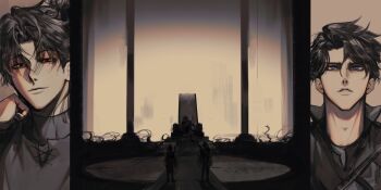 2boys 2others absurdres black_eyes black_hair black_shirt column_lineup curtained_hair elbow_rest guard hand_on_own_chin head_rest highres june_(shadow_slave) logicsterrr looking_at_viewer male_focus multiple_boys multiple_others parted_lips shadow_slave shirt short_hair smirk sunny_(shadow_slave) throne upper_body