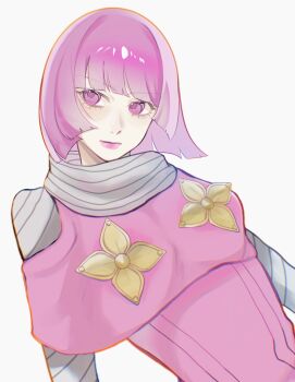 1girl bob_cut breasts capelet closed_mouth clothing_cutout dress flower_ornament grey_shirt hashtag-only_commentary highres hot_pants_(sbr) jojo_no_kimyou_na_bouken long_sleeves looking_at_viewer makeup no_headwear pink_capelet pink_dress pink_eyes pink_hair pink_lips shirt short_hair shoulder_cutout simple_background skht_5 small_breasts solo steel_ball_run upper_body white_background