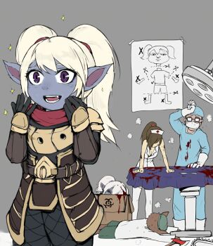 2boys 2girls akali alternate_costume arm_support armor axe bare_shoulders bespectacled blood blood_on_clothes blood_stain box breasts cardboard_box chainsaw cleavage diagram doctor exhausted fang glasses gloves happy hat highres kennen lamp latex latex_gloves league_of_legends long_hair looking_at_another lying mask medical_scrubs mouth_mask multiple_boys multiple_girls nurse_akali nurse_cap on_stomach open_mouth pointy_ears ponytail poppy_(league_of_legends) scalpel scofa shen_(league_of_legends) short_hair slit_pupils small_breasts sparkle surgeon surgeon_shen surgical_mask twintails weapon when_you_see_it yordle