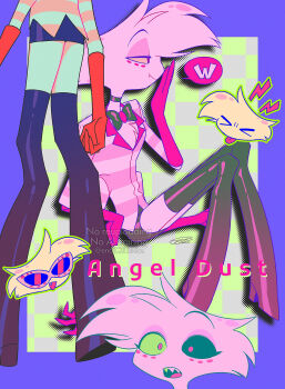 &gt;_&lt; 1boy :d :t absurdres angel_dust black_boots black_bow black_bowtie black_choker black_sclera black_skirt boots border bow bowtie character_name checkered_background choker closed_mouth colored_sclera commentary_request elbow_gloves extra_arms eyeshadow facial_mark fang fewer_digits full_body furry furry_male gloves green_background green_outline green_sclera grey_background halftone halftone_background hand_on_own_chin hand_on_own_hip hand_up hazbin_hotel hellaverse high_heel_boots high_heels highres knees_together_feet_apart knees_up lapels makeup male_focus menma_(enaic31) microskirt mismatched_sclera multiple_views notched_lapels open_mouth outline outside_border pencil_skirt pink-framed_eyewear pink_eyeshadow pink_gloves pink_shirt purple_border sharp_teeth shirt signature simple_background skirt smile standing striped_clothes striped_shirt sunglasses teeth thigh_boots thighhighs tongue tongue_out traditional_bowtie two-tone_background two-tone_shirt upper_teeth_only watermark white_fur white_shirt wide-eyed yellow_sclera zettai_ryouiki