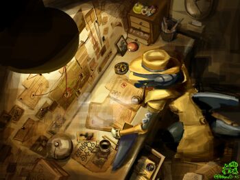 Rule 34 | 1other, cigarette, cigarette butt, cigarette holder, clock, clothed pokemon, coat, colored sclera, compass, cup, desk, facing to the side, fedora, garchomp, gen 4 pokemon, hat, highres, indoors, light particles, looking at object, map (object), mechanical arms, nintendo, open clothes, open coat, paper, peacoat, pencil, poke ball, poke ball (basic), pokemon, pokemon (creature), rhond 45, scabbard, sheath, shelf, single mechanical arm, sitting, smoking, smoking pipe, string, yellow coat, yellow sclera