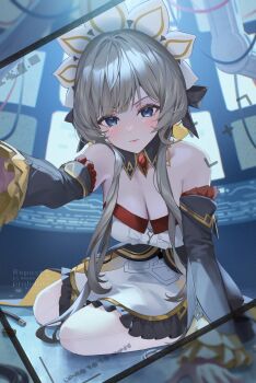 1girl absurdres bare_shoulders black_collar black_dress black_sleeves blue_eyes breasts cleavage closed_mouth collar commentary_request detached_collar detached_sleeves dress gem genshin_impact grey_hair highres looking_at_viewer medium_breasts monitor multiple_monitors pi_tayuko reaching reaching_towards_viewer red_gemstone sandrone_(genshin_impact) short_hair_with_long_locks sitting solo strapless strapless_dress wariza white_dress white_headdress