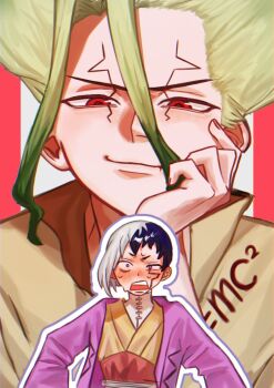 Rule 34 | 2boys, asagiri gen, black hair, blonde hair, blush, closed mouth, commentary request, dr. stone, e=mc2 (equation), facial mark, full-face blush, gradient hair, green hair, hair between eyes, head rest, highres, implied yaoi, ishigami senkuu, jacket, japanese clothes, kimono, light blush, looking at viewer, male focus, masuijyu 01, multicolored hair, multiple boys, nose blush, open mouth, pink background, pink kimono, red eyes, shirt, short hair, simple background, smile, smirk, split-color hair, turtleneck, turtleneck shirt, two-tone hair, upper body, white hair, yaoi