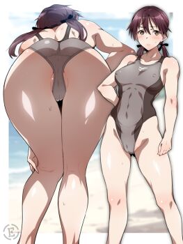1girl alternate_costume ass back blurry blurry_background blush breasts brown_eyes brown_hair commentary_request em_(totsuzen_no_hakike) feet_out_of_frame gertrud_barkhorn long_hair looking_at_viewer medium_breasts multiple_views one-piece_swimsuit pussy solo standing strike_witches sweat swimsuit twintails world_witches_series