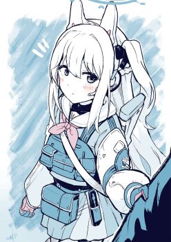 1girl 1other animal_ear_headphones animal_ears black_bow blue_archive blue_background blue_theme blush bow braid bulletproof_vest closed_mouth fake_animal_ears feet_out_of_frame gloves half_up_braid hashtag-only_commentary headphones headset highres holding_another&#039;s_arm knife_sheath long_hair long_sleeves looking_at_viewer miyako_(blue_archive) neckerchief notice_lines one_side_up pink_neckerchief pleated_skirt pouch rabbit_ear_headphones rabbit_ears sailor_collar school_uniform serafuku sergei_(pattundo) sheath sidelocks sideways_glance signature skirt solo_focus tactical_school_uniform two-tone_gloves weapon weapon_on_back white_hair