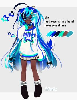 1girl absurdres ahoge animal_ears black_shoes blue_eyes blue_hair character_hair_ornament closed_mouth cloud_(lufaeris) collar color_guide commentary dark-skinned_female dark_skin english_commentary english_text full_body gen_1_pokemon grey_background grey_skirt hair_between_eyes hair_ornament hand_up highres huge_ahoge long_hair long_sleeves looking_at_viewer miniskirt multicolored_hair nintendo original pikachu pokemon shirt shoes sketch skirt sleeves_past_fingers sleeves_past_wrists solo star_(symbol) streaked_hair tail two_side_up very_long_hair white_shirt