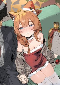 1boy 1girl absurdres alternate_costume animal_ear_fluff animal_ears blue_archive blue_eyes blush braid breasts christmas dress fur-trimmed_dress fur_trim grey_jacket halo hat highres holding_hands jacket long_hair long_sleeves mari_(blue_archive) orange_hair parted_lips red_dress red_hat santa_costume santa_dress santa_hat sensei_(blue_archive) single_braid sitting sketch small_breasts strapless strapless_dress thighhighs white_thighhighs yakihoko yellow_halo