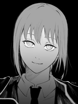 1girl chainsaw_man coat collared_shirt commentary_request greyscale highres looking_at_viewer madaosw makima_(chainsaw_man) monochrome necktie ringed_eyes shirt solo twitter_username