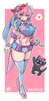 1boy 1girl ahoge animal_earrings armor belt black_helmet blue_armor blue_eyes blue_hair blue_nails blue_necktie blush breasts chibi demon dinosaur dinosaur_girl dinosaur_tail ditienan_ddn drill_hair earrings grin hair_ornament hair_ribbon heart helmet highres jewelry kamen_rider kamen_rider_revi kamen_rider_revice kamen_rider_vice large_breasts long_hair looking_at_viewer midriff monster multicolored_hair navel necktie personification pink_background pink_footwear pink_hair pink_shirt pink_thighhighs pointy_ears purple_belt purple_nails purple_skirt red_eyes revice_driver rex_genome ribbon rider-tan rider_belt shirt shoes short_sleeves skirt smile speech_bubble spoken_heart standing stomach_tattoo streaked_hair tail tattoo teeth thighhighs twin_drills twintails tyrannosaurus_rex white_ribbon wristband