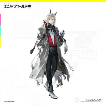 Rule 34 | 1boy, alternate costume, arknights, arknights: endfield, bird boy, book, closed mouth, coat, copyright logo, copyright notice, full body, grey coat, grey eyes, grey hair, grey scarf, head wings, hellagur (arknights), highres, holding, holding book, logo, long hair, mokuroh, official art, open clothes, open coat, pogranichnik (arknights), scarf, solo, standing, wings