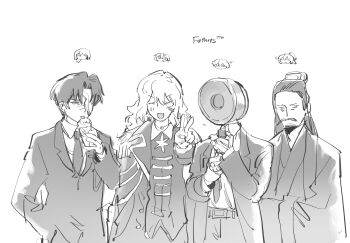 Rule 34 | 4boys, adjusting clothes, adjusting necktie, coat, collared shirt, facial hair, food, greyscale, hand up, hands up, highres, ice cream, jia zheng (project moon), joints, kampuzu, la manchaland's don quixote (project moon), lapels, limbus company, long hair, mask over one eye, monochrome, multiple boys, mustache, necktie, notched lapels, object head, project moon, rien (project moon), robot joints, shirt, sinclair's father (project moon), tongue, tongue out, v, wavy hair