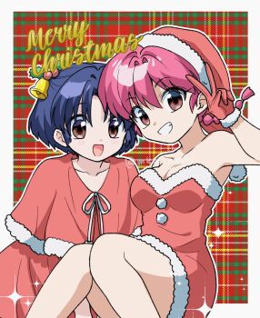 2girls blue_hair braid braided_ponytail breasts brown_eyes christmas dress gloves hat highres merry_christmas mkm_mochi multiple_girls open_mouth ranma-chan ranma_1/2 red_gloves red_hair santa_costume santa_dress santa_hat smile tendou_akane v