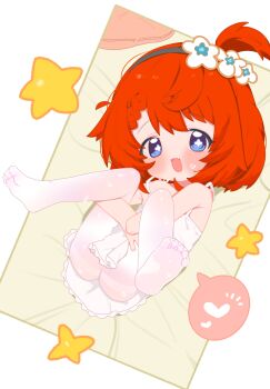 1girl blue_eyes commentary_request dress full_body highres honkai:_star_rail honkai_(series) loli looking_at_viewer lying no_shoes on_back open_mouth pantyhose red_hair short_hair sleeveless sleeveless_dress soles solo sundress toes tribbie_(honkai:_star_rail) white_dress white_pantyhose zeru_(wisel_army)