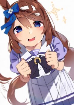 1girl animal_ears blue_bow blue_eyes blush bow bowtie braid breasts brown_hair clenched_hand commentary_request ear_bow goshichi_shoji hair_between_eyes highres horse_ears horse_girl horse_tail large_breasts long_hair looking_at_viewer multicolored_hair open_mouth pleated_skirt puffy_short_sleeves puffy_sleeves purple_bow purple_bowtie purple_shirt sailor_collar sailor_shirt school_uniform shirt short_sleeves simple_background skirt smile solo sparkle streaked_hair super_creek_(umamusume) tail tracen_school_uniform umamusume very_long_hair white_background white_hair white_sailor_collar white_skirt
