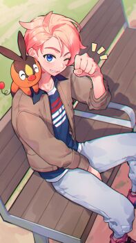 1boy ^_^ absurdres arm_up bench blue_eyes blue_shirt brown_jacket clenched_hand closed_eyes collared_jacket commentary_request denim fingernails from_above gen_5_pokemon grin hashtag-only_commentary highres jacket jeans looking_at_viewer male_focus nanacho09 nintendo on_bench on_shoulder one_eye_closed open_clothes open_jacket outdoors pants parted_bangs pink_hair pokemon pokemon_(creature) pokemon_legends:_z-a pokemon_on_shoulder print_shirt shirt shoes short_hair sitting smile solo teeth tepig urbain_(pokemon) wing_collar