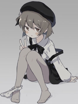 1girl akayama_yukihe beret blush brown_eyes brown_hair fingernails hat hatoba_tsugu highres long_sleeves panties_around_one_ankle pantyhose short_hair skirt solo suspender_skirt suspenders tsugu_(vtuber) v