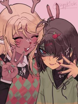 Rule 34 | 1girl, 1other, :3, :d, :p, ^ ^, absurdres, animal ears, antenna hair, antlers, apple hair ornament, black sweater, blonde hair, blush, breasts, brown hair, buttons, checkered clothes, checkered sweater vest, closed eyes, collared shirt, commentary, dark-skinned female, dark skin, deer antlers, deer ears, deer girl, deltarune, drawstring, english commentary, fingernails, food-themed hair ornament, freckles, green hoodie, green nails, green sweater vest, hair between eyes, hair ornament, hair over one eye, hairclip, hand up, hands up, highres, hood, hood down, hoodie, horns, jewelry, kris (deltarune), long fingernails, long hair, long sleeves, looking at viewer, multicolored nails, nail polish, noelle holiday, one eye covered, open mouth, pink background, red eyes, red nails, red sweater vest, ring, shaded face, shirt, simple background, sleeves past wrists, small breasts, smile, ssyyk1sk, sweater, sweater vest, swept bangs, tongue, tongue out, turtleneck, turtleneck sweater, twitter username, two-tone sweater vest, upper body, utdr (toby fox), white shirt