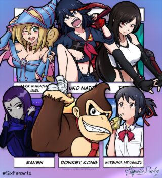 Rule 34 | 5girls, breasts, cape, character name, dark magician girl, dc comics, donkey kong, donkey kong (series), drinking, final fantasy, highres, holding, holding weapon, kill la kill, kimi no na wa., looking at viewer, magnolia-baillon, matoi ryuuko, miyamizu mitsuha, multiple drawing challenge, multiple girls, nintendo, purple hair, raven (dc), red eyes, six fanarts challenge, smile, tifa lockhart, weapon, yu-gi-oh!