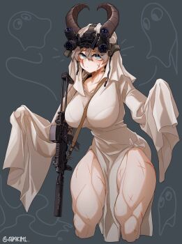 1girl absurdres artist_name assault_rifle blue_eyes breasts epakim frown ghost ghost_costume gun highres horns kalashnikov_rifle lamia_(epakim) large_breasts muscular muscular_female night_vision_device original rifle scar scar_across_eye scar_on_face scar_on_leg sheet_ghost skin_tight smoke smoking_barrel solo suppressor sweat thick_thighs thighs twitter_username weapon