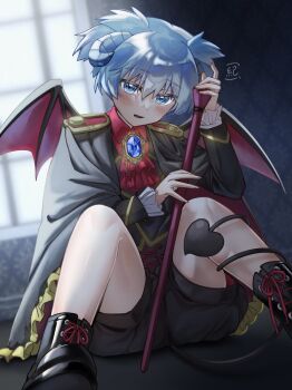 1boy alternate_costume ankle_boots ansatsu_kyoushitsu ascot black_boots black_cape black_shorts black_vest blue_eyes blue_gem blue_hair blurry blurry_background blush boots cane cape collared_shirt cross-laced_clothes cross-laced_shorts curled_horns damask demon_boy demon_horns demon_tail epaulettes frilled_cape frilled_sleeves frills from_below full_body gem gold_trim hair_between_eyes head_tilt heart heart_tail highres holding holding_cane horns indoors knees_up lace-up_boots long_sleeves looking_at_viewer male_focus ngsso9q open_mouth puffy_shorts red_ascot red_shirt shiota_nagisa shirt short_twintails shorts sitting solo tail tail_around_own_leg twintails vest wallpaper_(object) window