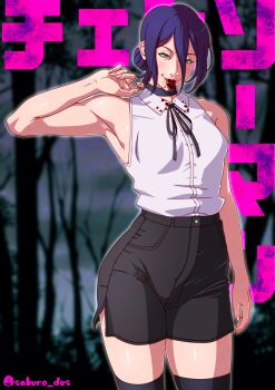 1girl absurdres black_choker black_thighhighs blood blood_on_clothes blood_on_face breasts chainsaw_man choker commentary_request green_eyes hair_bun high-waist_shorts highres purple_hair reze_(chainsaw_man) saburo_des severed_tongue shirt short_shorts shorts single_hair_bun sleeveless sleeveless_shirt small_breasts smile solo thighhighs tongue tongue_out twitter_username watermark