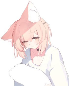 1girl absurdres animal_ear_fluff animal_ears black_choker blush brown_eyes brown_hair choker closed_mouth collarbone commentary_request eyes_visible_through_hair hair_over_one_eye highres hugging_object looking_at_viewer one_eye_closed original pillow pillow_hug riya_(01214) shirt short_hair simple_background solo upper_body white_background white_shirt