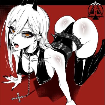 Rule 34 | 1girl, all fours, artist name, ass, belt, black belt, black collar, black leotard, black nails, black thighhighs, breasts, chain, chain leash, chainsaw man, collar, collarbone, commentary, covered erect nipples, dizzle, double-parted bangs, english commentary, fingernails, full body, goth fashion, hair between eyes, highleg, highleg leotard, highres, horns, leash, leotard, long hair between eyes, looking at viewer, medium breasts, nail polish, open mouth, partially colored, power (chainsaw man), red background, solo, spiked belt, spiked collar, spikes, symbol-shaped pupils, teeth, thighhighs, yellow eyes