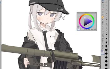 Rule 34 | 1girl, art program in frame, averting eyes, baseball cap, black hat, black jacket, black necktie, blush, bolt action, breast pocket, cheytac m200, collared shirt, double-parted bangs, dress shirt, girls' frontline, grey hair, gun, hair between eyes, hat, holding, holding gun, holding weapon, ichiha (ichi u2), jacket, long hair, long sleeves, low ponytail, m200 (girls' frontline), magazine (weapon), necktie, no eyewear, off shoulder, open clothes, open jacket, pocket, ponytail, purple eyes, rifle, shirt, sidelocks, simple background, sniper rifle, solo, upper body, weapon, white background, white shirt