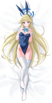 1girl absurdres animal_ears bare_shoulders bed_sheet blonde_hair blue_archive blue_eyes blue_hairband blue_leotard bow bowtie breasts cbwook cleavage commentary_request covered_navel detached_collar earpiece fake_animal_ears hairband halo hands_up highleg highleg_leotard highres leotard long_hair looking_at_viewer lying medium_breasts no_shoes official_alternate_costume on_back playboy_bunny rabbit_ears skindentation solo strapless strapless_leotard thigh_gap thighhighs thighs toki_(blue_archive) toki_(bunny)_(blue_archive) very_long_hair white_thighhighs wrist_cuffs