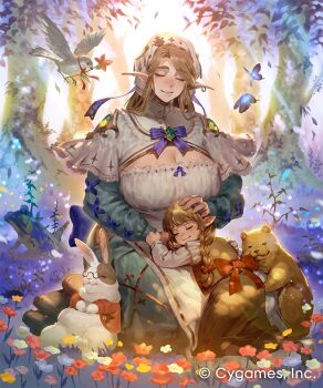 2girls back_bow bear bird blue_bow blue_butterfly bow breasts bug butterfly carrying carrying_person child cleavage commentary_request copyright_name dress flower forest grey_eyes grey_hair headpat huge_breasts ibuki_tsukuba insect kneeling long_dress long_sleeves looking_at_viewer mature_female motherly_forestdweller multiple_girls nature official_art outdoors pointy_ears rabbit red_bow shadowverse shadowverse:_worlds_beyond smile swept_bangs tree_stump white_headdress