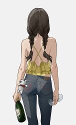 Rule 34 | 1girl, bare arms, bare shoulders, blue pants, bottle, braid, brown hair, cowboy shot, cup, drinking glass, from behind, grey background, highres, holding, holding bottle, holding cup, kimura 731, long hair, original, pants, simple background, sleeveless, solo, standing, twin braids, wine bottle, wine glass