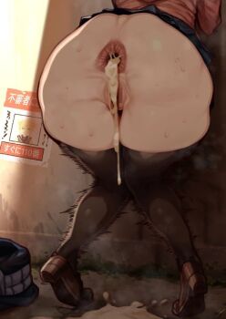 1girl aftersex alley anus ass black_thighhighs boku_no_hero_academia breasts cum cum_in_ass cum_in_pussy cum_on_body cumdrip gaping huge_breasts nikuatsu_magician_shinbo outdoors poster_(object) public_indecency shoes skirt sweat sweatdrop thighhighs toga_himiko trembling wanted_poster