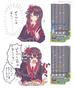 1girl angry armband beatmania_iidx bemani black_dress brown_hair commentary_request controller drakeposting_(meme) dress flower game_controller hair_flower hair_ornament highres hime_cut long_hair mahou_shoujo_no_majo_saiban meme necktie nikaido_hiro open_mouth red_armband red_eyes red_flower red_necktie rii_(metro_electro) simple_background solo translation_request white_background