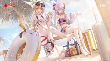 Rule 34 | 2girls, angel wings, azusa (blue archive), azusa (swimsuit) (blue archive), bare shoulders, barefoot, battery indicator, beach, bikini, bikini skirt, blonde hair, blue archive, bow, bow on wing, briefcase, censored, character censor, crescent halo, eyewear on head, fake screenshot, food-themed hair ornament, food print, frilled bikini, frills, fruit print, hair ornament, halo, hand up, hifumi (blue archive), hifumi (swimsuit) (blue archive), highres, innertube, koharu (blue archive), low twintails, low wings, multiple girls, navel, novelty censor, off-shoulder bikini, off shoulder, official alternate costume, official alternate hairstyle, orange hair ornament, orange print, palm leaf, palm tree, peroro (blue archive), pink bow, recording, ribbon-trimmed bikini, ribbon-trimmed swimsuit, ribbon trim, round eyewear, sitting, strapless, strapless bikini, sunglasses, swim ring, swimsuit, toes, tree, twintails, viewfinder, watermelon hair ornament, waving, white bikini, white wings, wing hair ornament, winged halo, wings, yellow eyes, yellow halo, zhenli-mari