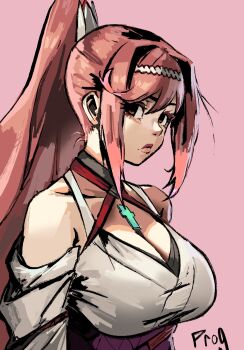 1girl 2025 arm_at_side artist_name breasts cleavage closed_mouth collarbone commentary criss-cross_halter english_commentary expressionless female_focus glimmer_(xenoblade) hairdressing halterneck highres japanese_clothes kimono large_breasts long_hair looking_at_viewer monolith_soft nintendo parted_bangs pink_background pink_lips ponytail prog_ares red_eyes sidelocks sideways_glance simple_background solo swept_bangs thick_lips tsurime upper_body v-shaped_eyebrows very_long_hair white_kimono xenoblade_chronicles_(series) xenoblade_chronicles_3