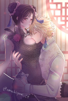 1boy 1girl alternate_costume animal_print black_hair blonde_hair blush breast_pillow breasts china_dress chinese_clothes cleavage cleavage_cutout closed_eyes closed_mouth clothing_cutout cloud_strife commentary_request couple double_bun dress earrings feet_out_of_frame final_fantasy final_fantasy_vii final_fantasy_vii_remake flower from_side grey_dress grey_thighhighs hair_bun hair_ornament hand_on_another&#039;s_back hand_on_another&#039;s_head hand_on_another&#039;s_hip head_on_chest highres hug indoors jewelry large_breasts leopard_print long_hair long_sleeves official_alternate_costume official_alternate_hairstyle omochigame_ct on_lap pelvic_curtain print_dress profile red_eyes red_flower single_sidelock sitting sitting_on_lap sitting_on_person spiked_hair tassel tassel_earrings thighhighs tifa_lockhart tifa_lockhart_(sporty_dress) twitter_username