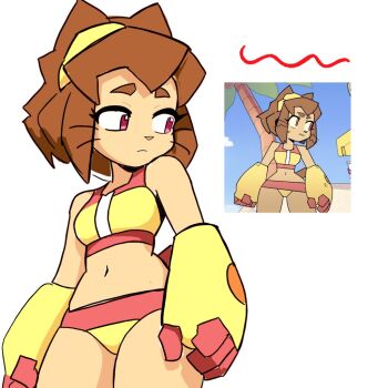 animal_ears brown_hair cat_ears cat_girl cat_tail commentary english_commentary furry furry_female gameoverse gauntlets goggles goggles_on_head kit_bodega nanobunny official_alternate_costume official_style red_eyes reference_inset screenshot_inset tail toon_(style) whiskers yellow_gauntlets