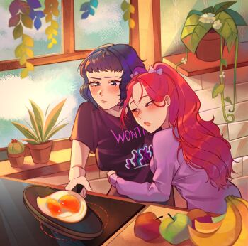 2girls :o absurdres apple banana black_shirt blue_eyes blue_hair blush bow cactus closed_mouth commentary english_commentary food fried_egg fruit hair_bow hegaiii highres holding_pan indoors kpop_demon_hunters leaf long_hair mira_(kpop_demon_hunters) multiple_girls orange_lips plant potted_plant purple_bow purple_sweater red_eyes red_hair shirt short_hair slice_of_life sweater twintails vines yuri zoey_(kpop_demon_hunters)